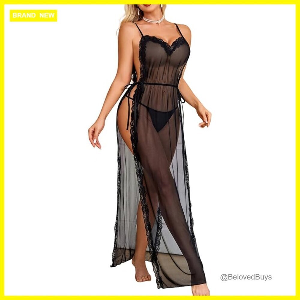 Long Lace Babydoll Nightgown with Side Slits, Adjustable Straps, V-Neck